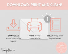 Load image into Gallery viewer, Cleaning Checklist, Printable Room by room Cleaning Cards | Family & Kids Cleaning Schedule Planner & Tracker | Pink Watercolor