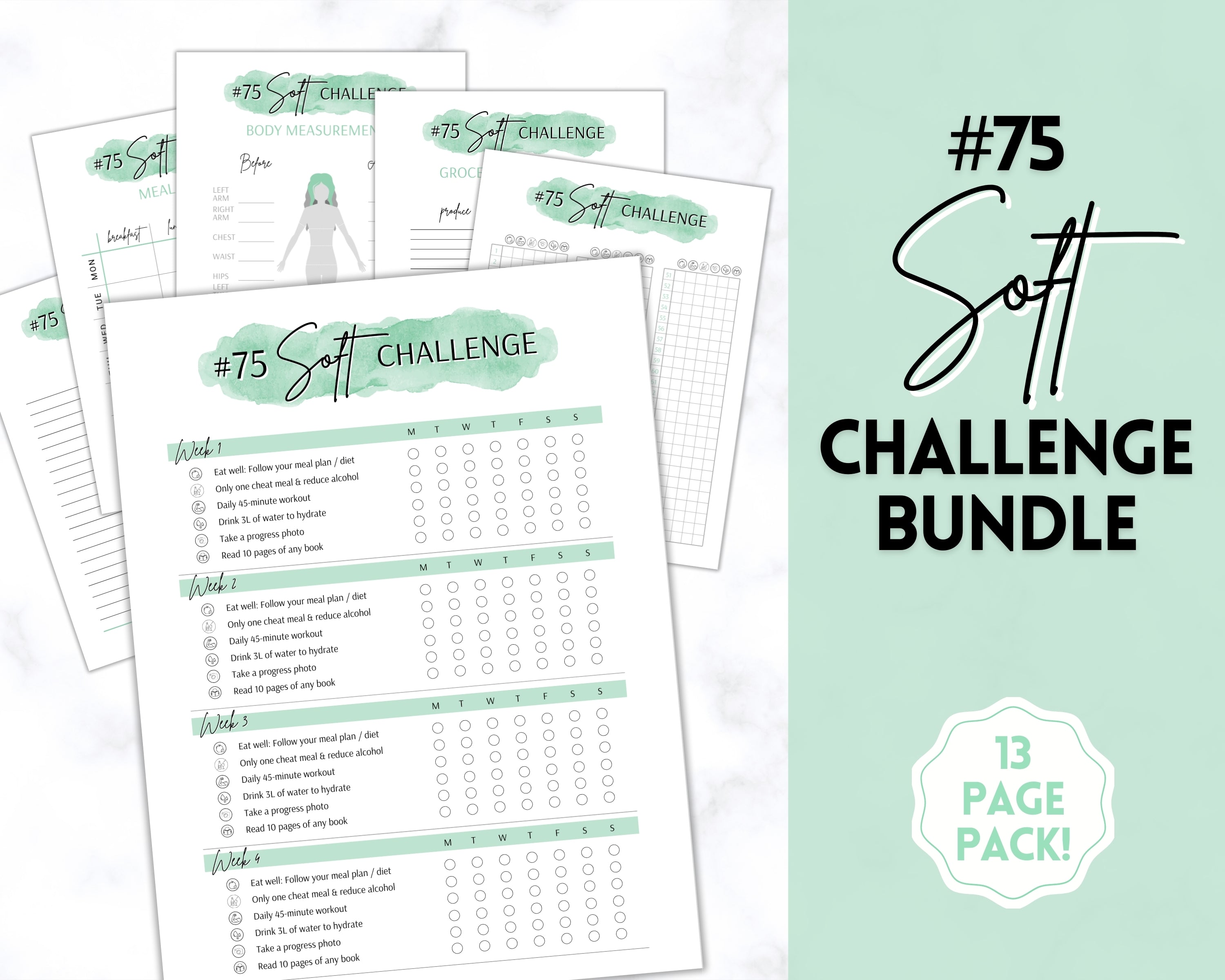 EDITABLE 75 SOFT Challenge Tracker | Fitness & Health Planner - Green