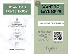 Load image into Gallery viewer, Tarot Card Trackers & Monthly Readings | Learn Tarot Card Readings, Tarot Spreads | Beginner Tarot Planner Workbook, Grimoire & Cheat Sheets | Green