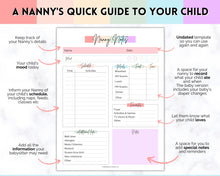 Load image into Gallery viewer, Nanny Schedule, Notes & Report Template for Baby | Babysitter Info Hiring Guide, Nanny Checklist & Planner, Baby Daily Log | Pastel Rainbow