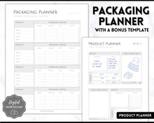 Load image into Gallery viewer, Packaging Planner Template Printable | Digital Small Business Product Planner | Mono