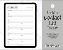 Load image into Gallery viewer, FREE - Contact List Printable Template, Address Book, Contact Log | Mono