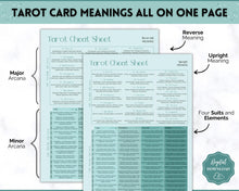 Load image into Gallery viewer, Tarot Cheat Sheet Printable |  Learn Tarot Card Readings for Beginners, Tarot Spreads, Upright & Reverse meanings | Multicolor