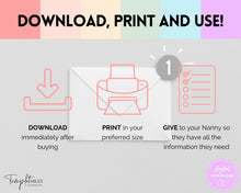 Load image into Gallery viewer, Nanny Schedule, Notes & Report Template for Baby | Babysitter Info Hiring Guide, Nanny Checklist & Planner, Baby Daily Log | Pastel Rainbow