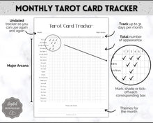 Load image into Gallery viewer, Tarot Card Trackers & Monthly Readings | Learn Tarot Card Readings, Tarot Spreads | Beginner Tarot Planner Workbook, Grimoire & Cheat Sheets | Mono