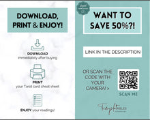 Load image into Gallery viewer, Tarot Cheat Sheet Printable |  Learn Tarot Card Readings for Beginners, Tarot Spreads, Upright & Reverse meanings | Multicolor
