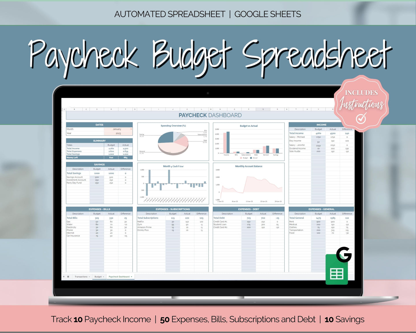 Budget by Paycheck Google Sheets Spreadsheet | Biweekly Zero Based Budget Tracker | Blue