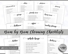 Load image into Gallery viewer, Cleaning Checklist, Printable Room by room Cleaning Cards | Family & Kids Cleaning Schedule Planner & Tracker | Mono Swash