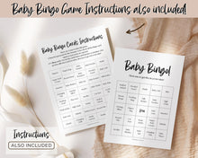 Load image into Gallery viewer, Baby Bingo Cards, 30 Prefilled Baby Shower Game Printables | Trivia Activity for Woodland, Boho, Neutral Theme Baby Showers