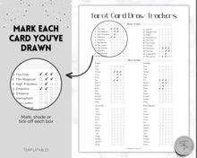 Load image into Gallery viewer, Tarot Card Trackers & Monthly Readings | Learn Tarot Card Readings, Tarot Spreads | Beginner Tarot Planner Workbook, Grimoire & Cheat Sheets | Mono
