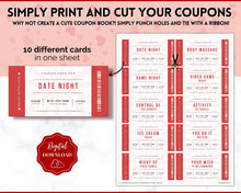 Load image into Gallery viewer, Editable Love Coupon Book for Valentines | Printable DIY Coupon Book for Him and Her | Personalized Valentines, Anniversary, Birthday Gift | Red