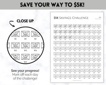 Load image into Gallery viewer, 5k Envelope Challenge, 5000 Savings Tracker Printable, 100 Envelopes Save, Budget Cash Envelope, 100 day challenge, Money Saving Finance | Mono