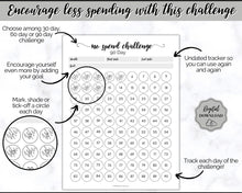Load image into Gallery viewer, No Spend Challenge BUNDLE | Printable 30 day, 60 day, 90 day Savings Challenge & Monthly Spending Tracker | Mono Swash