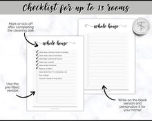 Load image into Gallery viewer, Cleaning Checklist, Printable Room by room Cleaning Cards | Family & Kids Cleaning Schedule Planner & Tracker | Mono Swash
