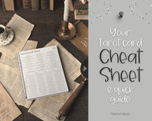 Load image into Gallery viewer, Tarot Cheat Sheet Printable |  Learn Tarot Card Readings for Beginners, Tarot Spreads, Upright & Reverse meanings | Sky Mono