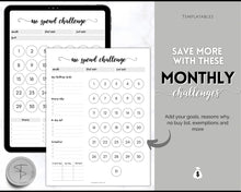 Load image into Gallery viewer, No Spend Challenge BUNDLE | Printable 30 day, 60 day, 90 day Savings Challenge & Monthly Spending Tracker | Mono Swash