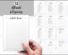 Load image into Gallery viewer, Cleaning Checklist, Printable Room by room Cleaning Cards | Family & Kids Cleaning Schedule Planner & Tracker | Mono Swash