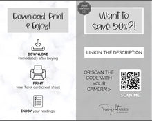 Load image into Gallery viewer, Tarot Cheat Sheet Printable |  Learn Tarot Card Readings for Beginners, Tarot Spreads, Upright & Reverse meanings | Sky Mono