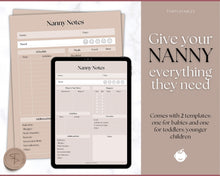 Load image into Gallery viewer, Nanny Schedule, Notes & Report Template for Baby | Babysitter Info Hiring Guide, Nanny Checklist & Planner, Baby Daily Log | Lux
