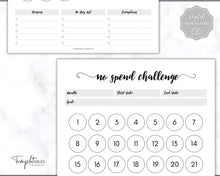 Load image into Gallery viewer, No Spend Challenge BUNDLE | Printable 30 day, 60 day, 90 day Savings Challenge & Monthly Spending Tracker | Mono Swash
