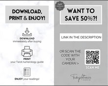 Load image into Gallery viewer, Tarot Numerology Sheet & Monthly Readings | Learn Tarot Card Readings, Tarot Spreads & Beginner Tarot Planner | Mono