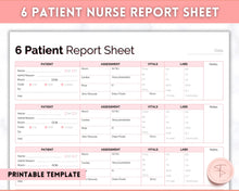 Load image into Gallery viewer, 6 Patient Nurse Report Sheet to Organize your Shifts | Nurse Brain Sheet, ICU Nurse Report Patient Assessment Template | Pink