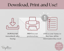 Load image into Gallery viewer, Nanny Schedule, Notes & Report Template for Baby | Babysitter Info Hiring Guide, Nanny Checklist & Planner, Baby Daily Log | Lux