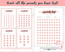 Load image into Gallery viewer, Weight Loss Tracker BUNDLE |  Fitness Planner Printable, Pounds Lost Tracker, Body Measurements & Meal Planner | Pink Swash