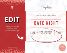Load image into Gallery viewer, Editable Love Coupon Book for Valentines | Printable DIY Coupon Book for Him and Her | Personalized Valentines, Anniversary, Birthday Gift | Red