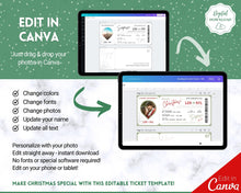Load image into Gallery viewer, EDITABLE Christmas Boarding Ticket Template | Surprise Xmas Boarding Pass, Fake Plane Ticket Printable Template | Green