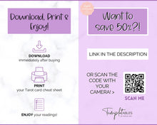 Load image into Gallery viewer, Tarot Cheat Sheet Printable |  Learn Tarot Card Readings for Beginners, Tarot Spreads, Upright & Reverse meanings | Sky Purple