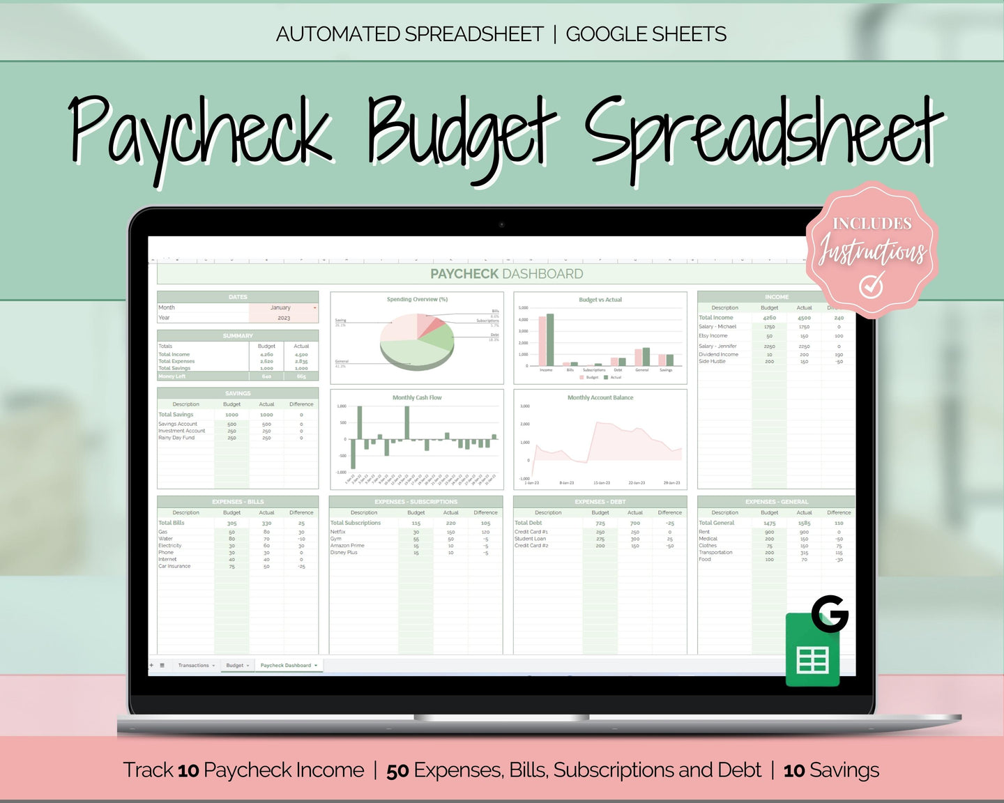 Budget by Paycheck Google Sheets Spreadsheet | Biweekly Zero Based Budget Tracker | Green