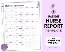 Load image into Gallery viewer, 6 Patient Nurse Report Sheet to Organize your Shifts | Nurse Brain Sheet, ICU Nurse Report Patient Assessment Template | Purple