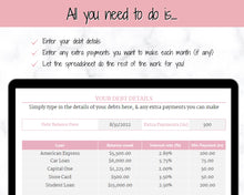 Load image into Gallery viewer, Dave Ramsey Debt Snowball Calculator | Google Sheets Debt Payoff Automated Tracker Template | Budget Planner Spreadsheet | Pink