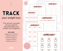 Load image into Gallery viewer, Weight Loss Tracker BUNDLE |  Fitness Planner Printable, Pounds Lost Tracker, Body Measurements & Meal Planner | Pink Swash