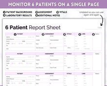 Load image into Gallery viewer, 6 Patient Nurse Report Sheet to Organize your Shifts | Nurse Brain Sheet, ICU Nurse Report Patient Assessment Template | Purple