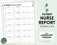 Load image into Gallery viewer, 6 Patient Nurse Report Sheet to Organize your Shifts | Nurse Brain Sheet, ICU Nurse Report Patient Assessment Template | Green
