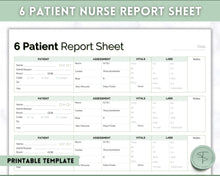 Load image into Gallery viewer, 6 Patient Nurse Report Sheet to Organize your Shifts | Nurse Brain Sheet, ICU Nurse Report Patient Assessment Template | Green