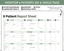 Load image into Gallery viewer, 6 Patient Nurse Report Sheet to Organize your Shifts | Nurse Brain Sheet, ICU Nurse Report Patient Assessment Template | Green