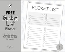 Load image into Gallery viewer, FREE - Bucket List Printable Bundle | Top 100 things to do, Wish List Holiday, Travel and New Year Planner | Mono