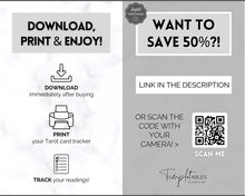 Load image into Gallery viewer, Tarot Card Trackers & Monthly Readings | Learn Tarot Card Readings, Tarot Spreads | Beginner Tarot Planner Workbook, Grimoire & Cheat Sheets | Mono