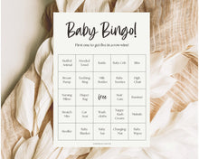 Load image into Gallery viewer, Baby Bingo Cards, 30 Prefilled Baby Shower Game Printables | Trivia Activity for Woodland, Boho, Neutral Theme Baby Showers