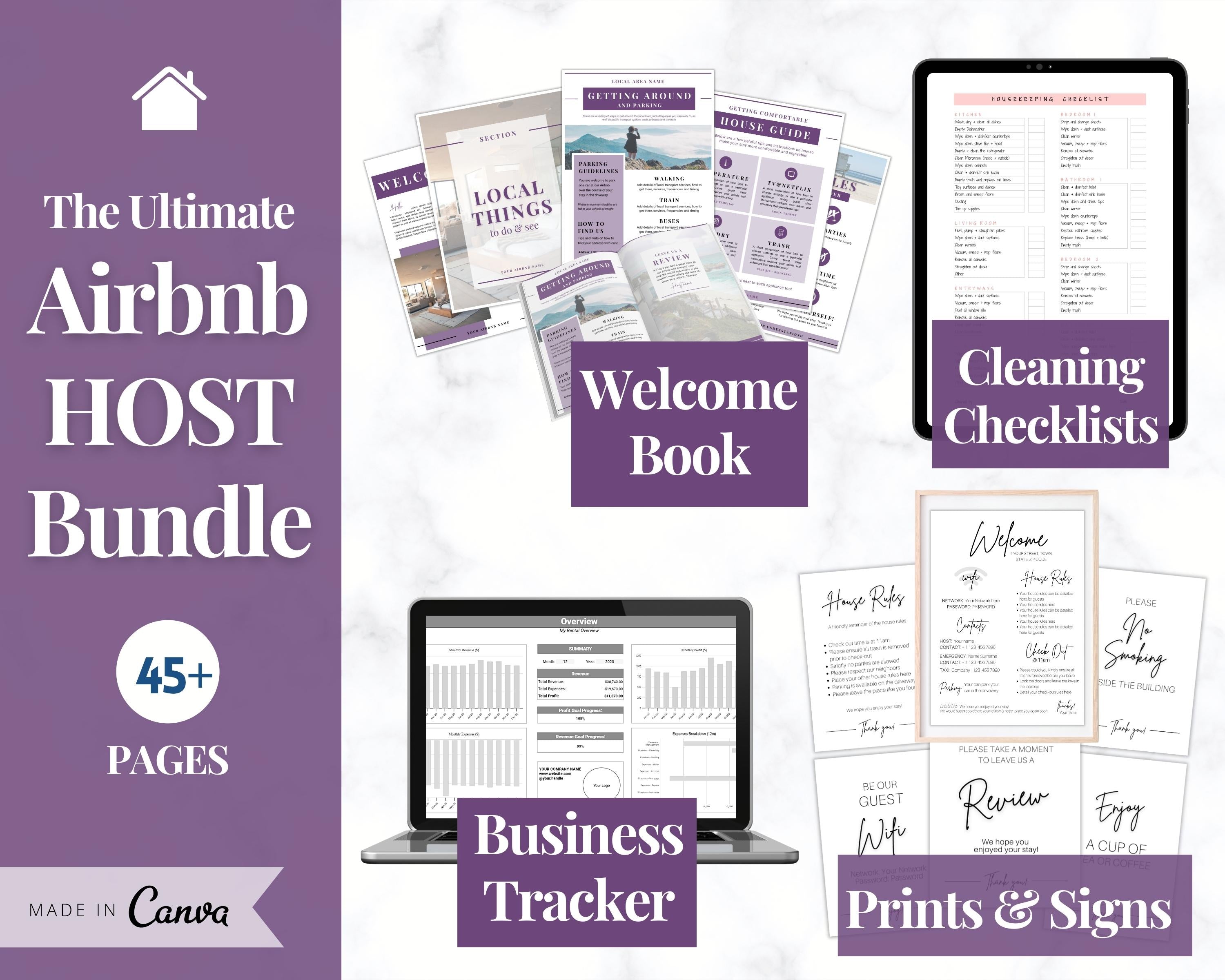 Airbnb Host Template BUNDLE | Welcome Book, Signs, Trackers - Purple