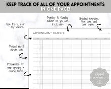 Load image into Gallery viewer, Appointment Tracker Printable, 15 minute, Salon planner, Therapist Appt, Beauty appointments, Hair Stylist, Nail Tech, Customers, Client