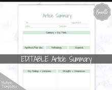 Load image into Gallery viewer, Article Summary Sheet, Student Planner, Student Printable, Research Paper, Dissertation, Journal, Project Planner, Study, College, Essay | Green