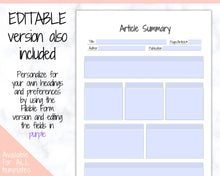 Load image into Gallery viewer, Article Summary Sheet, Student Planner, Student Printable, Research Paper, Dissertation, Journal, Project Planner, Study, College, Essay | Mono