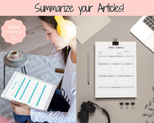 Load image into Gallery viewer, Article Summary Sheet, Student Planner, Student Printable, Research Paper, Dissertation, Journal, Project Planner, Study, College, Essay | Mono