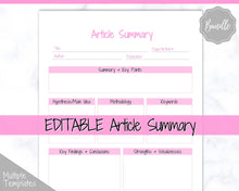 Load image into Gallery viewer, Article Summary Sheet, Student Planner, Student Printable, Research Paper, Dissertation, Journal, Project Planner, Study, College, Essay | Pink