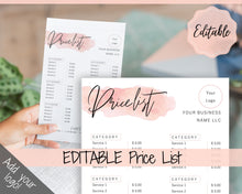 Load image into Gallery viewer, Beauty PRICE LIST Template Editable. Printable Price Sheet, Price Guide, Salon, Beautician, Make up, Pink Watercolor, Custom Menu, Pricing | Style 14