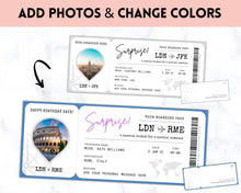 Load image into Gallery viewer, Boarding Pass Template, EDITABLE Boarding Ticket, Surprise Vacation, Plane Ticket, Airline, Trip, Flight Gift, Holiday Destination, Fake,
